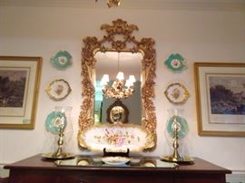 Vintage gilt wood, beveled glass mirror, set/4, hand painted French Limoges porcelain plates, huge hand painted French Limoges fish platter, with three matching serving plates.
