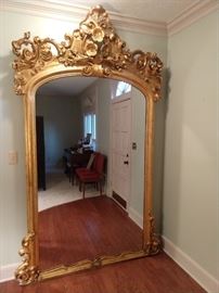 H U G E antique gilt wood mirror, from the Glover family estate, the pink, Italianate stucco home at 81 Whitlock Avenue. This mirror was hung above the fireplace, with 16' ceilings; it measures 8' 8" tall x 4' 7" wide.