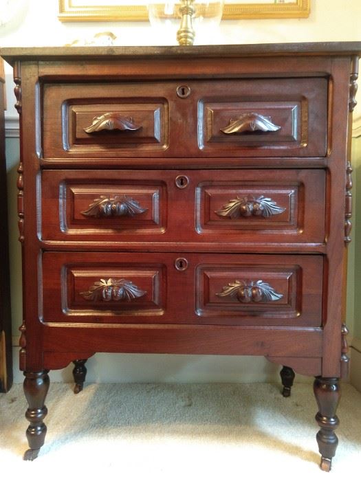 One of a pair of antique 3-drawer mahogany chests, from the estate of the late Katherine Hardy, one of Marietta's first female lawyers.
