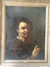 Small original oil painting of a young man in a hat, with cigar.