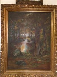 Original oil painting on canvas, woodland scene, ca. 1895, ornate gilt wood frame.