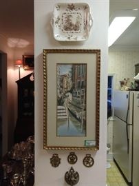 English brown transferware cake plate, original Venetian Canal watercolor and English brass doo dads.