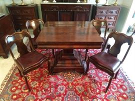 Antique American Empire mahogany entry/dining table, from Fenwick Hall Plantation, Charleston SC, set /4 American Empire dining chairs, with leather upholstered seats.