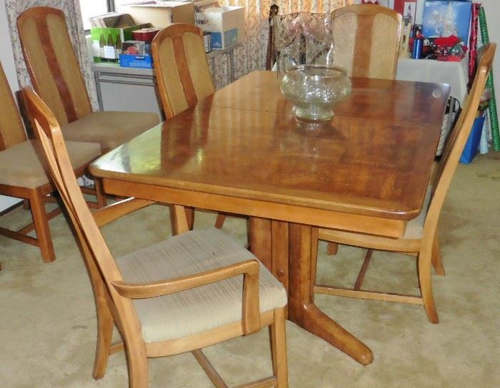 Oak and mixed wood double pedestal dining table, 6 chairs, 2 leaves