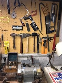 HAMMERS, CLAW HAMMER, TAPE MEASURE, UTILITY KNIVES, CHISELS, SCREWDRIVERS, LEVEL, WRENCHES, PLIERS. 