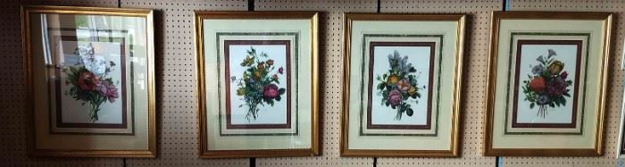Set of 4 Vintage Floral Lithos, Framed