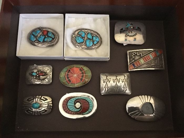 Collection of NAvajo belt buckles. Some signed. Some not