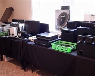 FOUR stereo surround sound systems, four computer monitors, Playstations, printers and more!