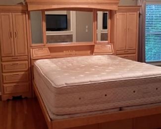 California King mattress and box 18 inches extra deep(lightly stained) with 2 twin box springs (mattress cover has protected it) with lighted headboard with side storage, and base with pedestal drawers...tons of storage!