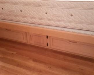 California King mattress and box 18 inches extra deep with 2 twin box springs (mattress cover has protected it) with lighted headboard with side storage, and base with pedestal drawers...tons of storage!