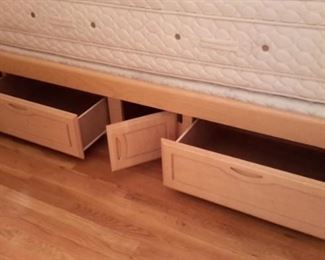 California King mattress and box 18 inches extra deep with 2 twin box springs (mattress cover has protected it) with lighted headboard with side storage, and base with pedestal drawers...tons of storage!
