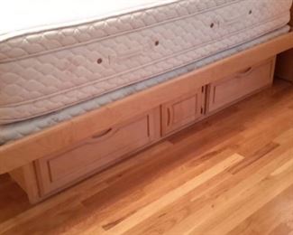 California King mattress and box 18 inches extra deep with 2 twin box springs (mattress cover has protected it) with lighted headboard with side storage, and base with pedestal drawers...tons of storage!