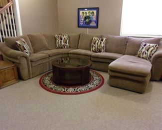 La-Z-Boy sofa with recliner and chaise lounger. MCM glass top coffee table.