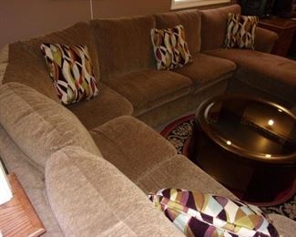 La-Z-Boy sofa with recliner and chaise lounger. MCM glass top coffee table.