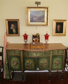 19th century original artwork, painted sideboard and flash glass