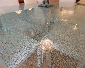 Really nice dining room table with a crackle glass design. Glass is extra thick and in excellent condition.