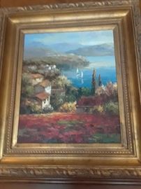 Oil on canvas, ornate frame, European harbor scene