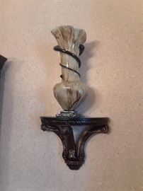 Wall scones and blown glass vases with applied wrap accent on a cream and caramel body(pair of these).