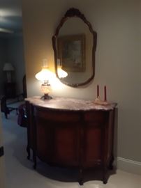 French inlaid dresser with marble top, 19th c. MOP and various woods