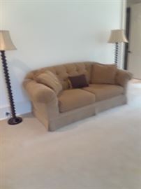SHERRILL Tufted-back sofa; pair of floor lamps with barley twist base.