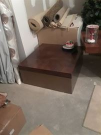 Parquetry top wood coffee table wth square brushed metal base