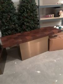 Console table with matching parquetry top and metal base