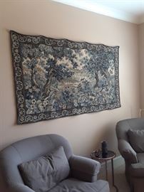 Tapestry of woodland landscape; two upholstered arm chairs