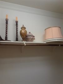 Urns, vase, barley twist candlesticks, lamp shades