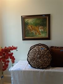 Pillows, custom made; oil on canvas of tiger