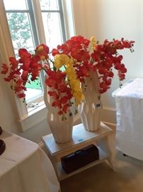 Pair of tall, contemporary vases with silk orchids in brilliant colies