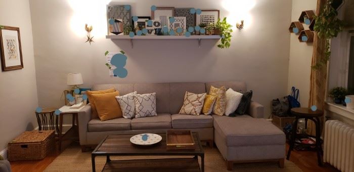 Couch! Pillows! Throws! Jute rug! Curtains! Art! Prints! Frames! Decor! Lamps! Baskets!