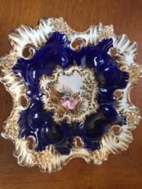 Antique cobalt blue hand painted freeform dish