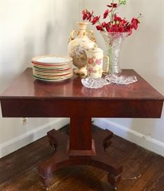 Antique Table , Royal Worcester vase, crystal vase