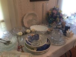 lots of pressed glass, serving pieces, milk glass and more