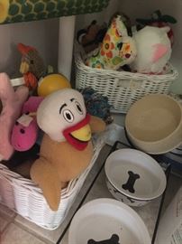 pet dishes and lots of toys