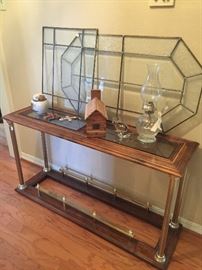 sofa table, clear stained glass pieces