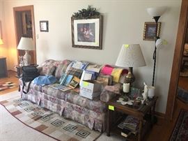 sofa, lamps, rugs, end tables