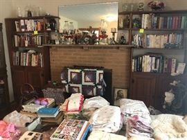 bookshelves, books, linens