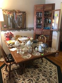 dining table, dining chairs, corner cabinet, glassware
