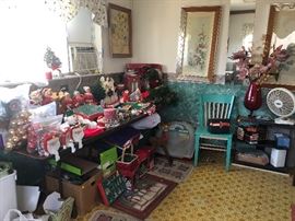 Christmas items, framed prints, side chairs