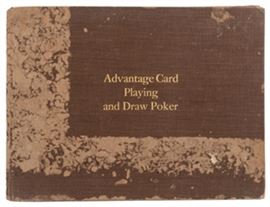 Ritter, F.R. Combined Treatise on Advantage Card Playing and Draw Poker. N.p., 1905. Original brown cloth lettered in gilt. Heavily illustrated with halftones showing blot-out, shade, line, scroll, and other marked cards, hold-outs (including the first-known published photograph of a Jacob’s Ladder-style sleeve hold-out), false cuts and deals. Oblong 4to. p. [1—2], 3—117 [188] + 2 blank leaves. Heavily stained covers, a square portion of the lower rear corner torn away; light to sometimes moderate spotting and soiling internally. Poor/fair. Rare.