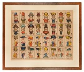 Jeu de Grotesque. Uncut French Card Game Sheet. [Paris], ca. 1800s. Copper-engraved sheet of 32 playing cards with occupational Janus figures, the suits inset. Framed and matted, sight 18 ½ x 23”. Light soiling, evenly browned, but colorful.
