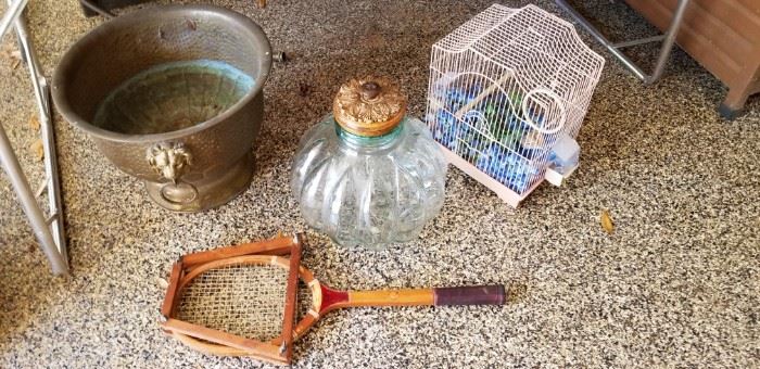 Brass planter, big glass jar, bird cage
