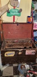Mid sz Antique Journeymans chest filled with Tools, old advertising, etc