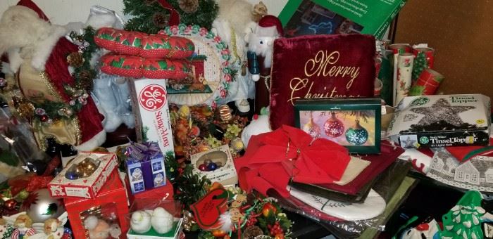 Tables and table of vintage Christmas, Shiney bright, German mercury ornaments, etc