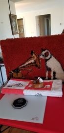 RCA Victor shag carpet, towels, cutting board, music box, etc 