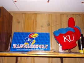 Kansasopoly and KU stuffed hand.