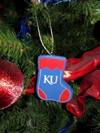 KU Christmas ornaments (sold separately from tree).