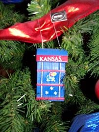 KU Christmas ornaments (sold separately from tree).