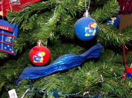 KU Christmas ornaments (sold separately from tree).